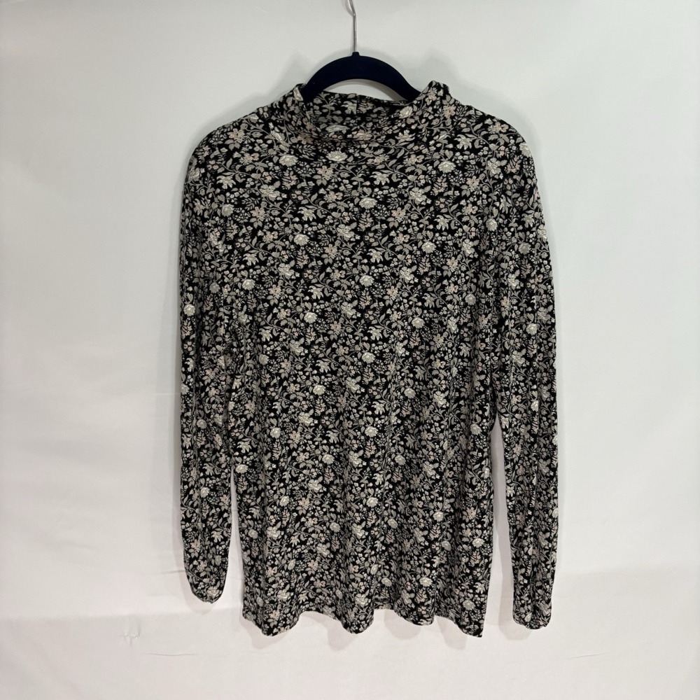 Croft and Barrow Womens Classic Mock Neck Floral Long Sleeve Tee Black Size L